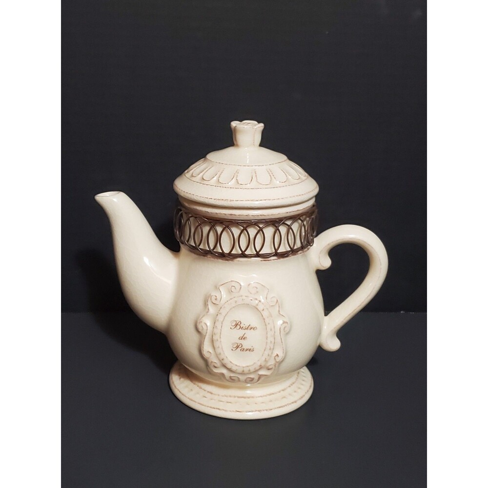 IMAX Bistro De Paris Ceramic Teapot W/ Matching Lid Coffee Tea Pot Cream Vtg New
